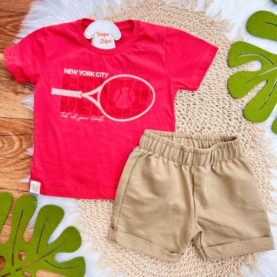 Conj. Camiseta Raquete de Tênis e Bermuda - Vermelho e Areia